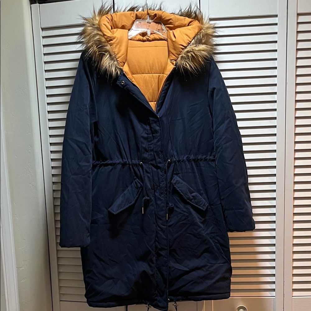Women's Navy / Gold reversible Parka with Faux Fur Hood
